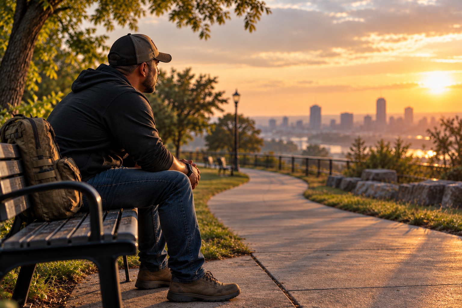 A veteran sits thoughtfully on a park bench overlooking a city skyline at sunset, reflecting on identity, personal growth, and life after military service.
