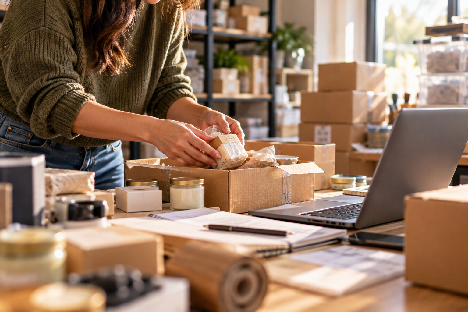 A small business owner packs products into shipping boxes at a workspace filled with inventory, packing supplies, and a laptop, highlighting the logistics of relocating a business.