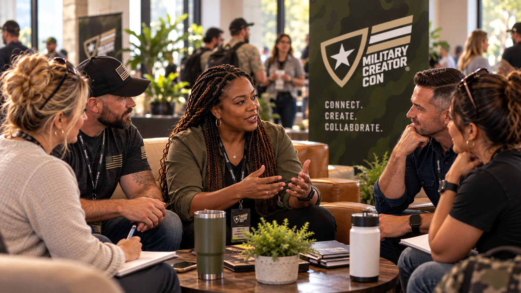 Military-connected entrepreneurs, including men and women, share ideas during a group discussion at Military Creator Con.