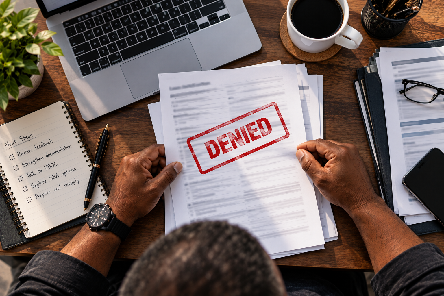Overhead view of a veteran reviewing a loan denial letter stamped “DENIED” in red, with a laptop, paperwork, and a next-steps checklist on a wooden desk.