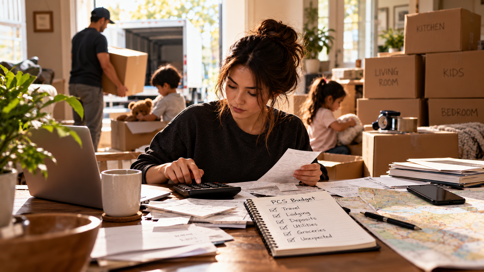 A military spouse reviews moving expenses and a budget while her family packs boxes during a PCS move, highlighting relocation costs and financial planning.