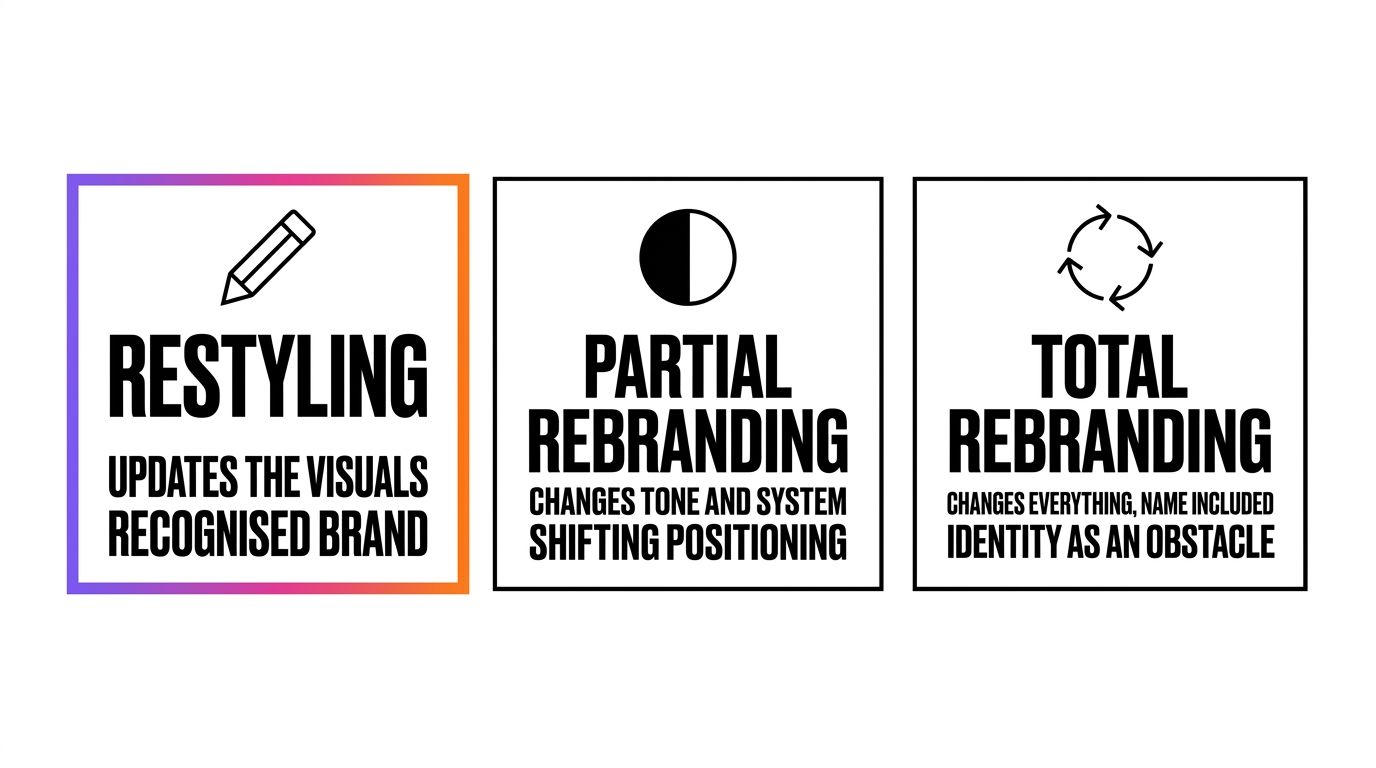 The three levels of brand intervention: restyling, partial rebranding, total rebranding, with what changes and when each is used