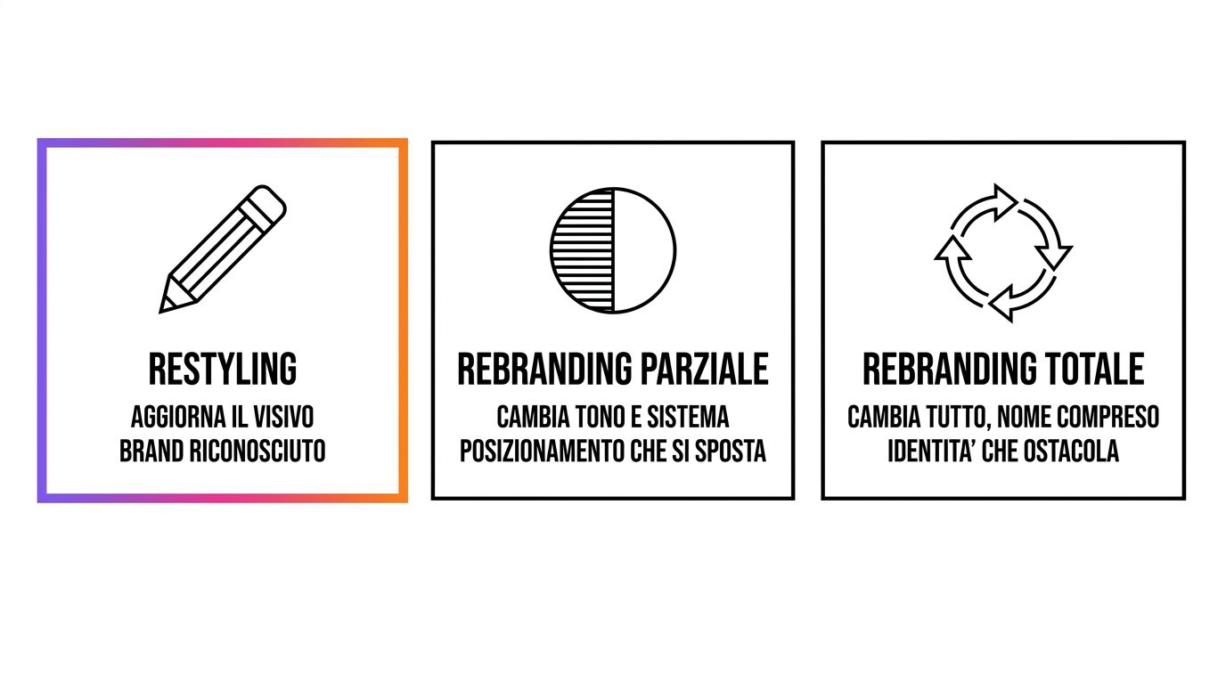 I tre livelli di intervento sul brand: restyling, rebranding parziale, rebranding totale, con cosa cambia e quando si usa