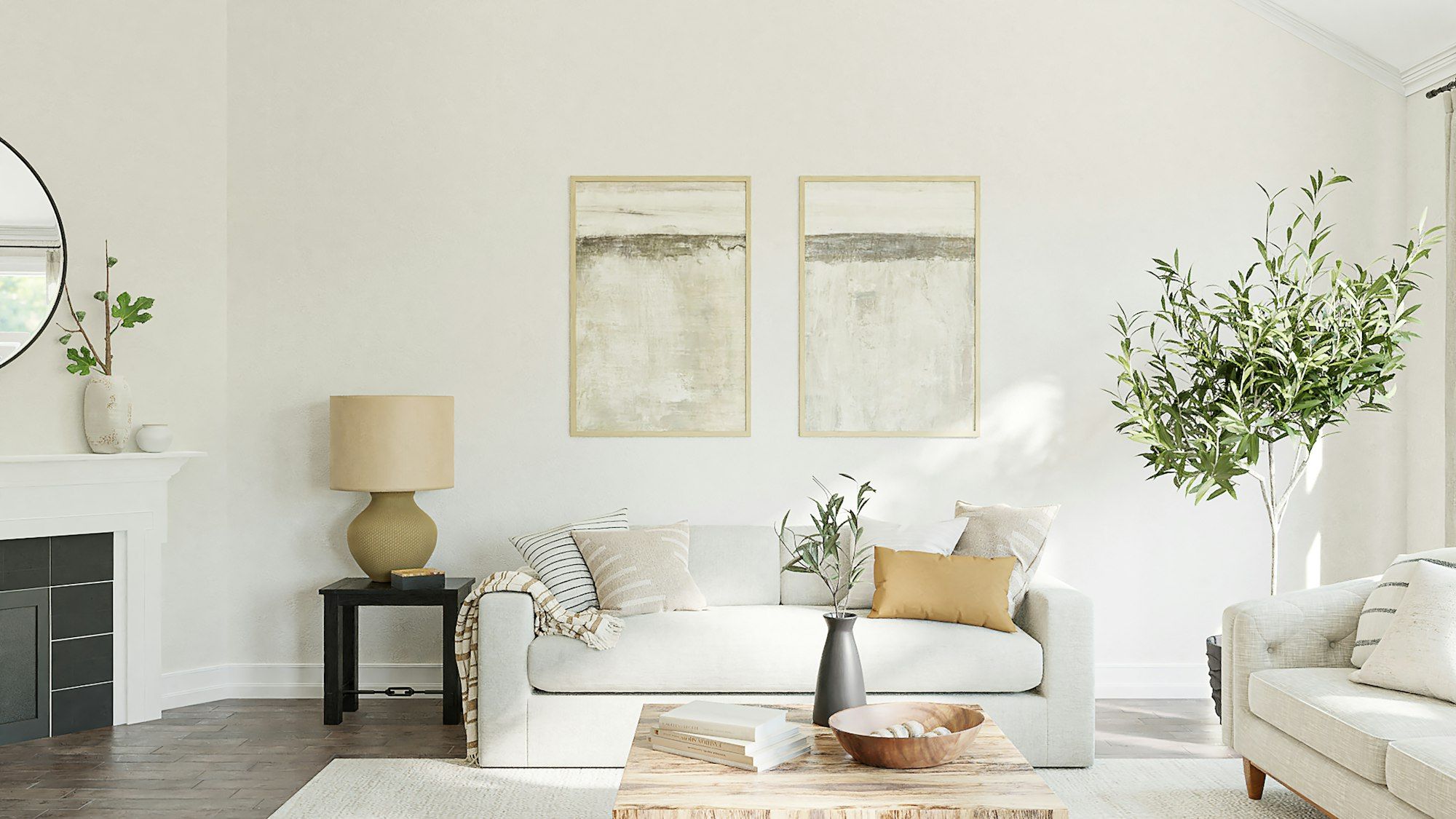 Bright neutral living room with cream sofas, natural textures and soft daylight