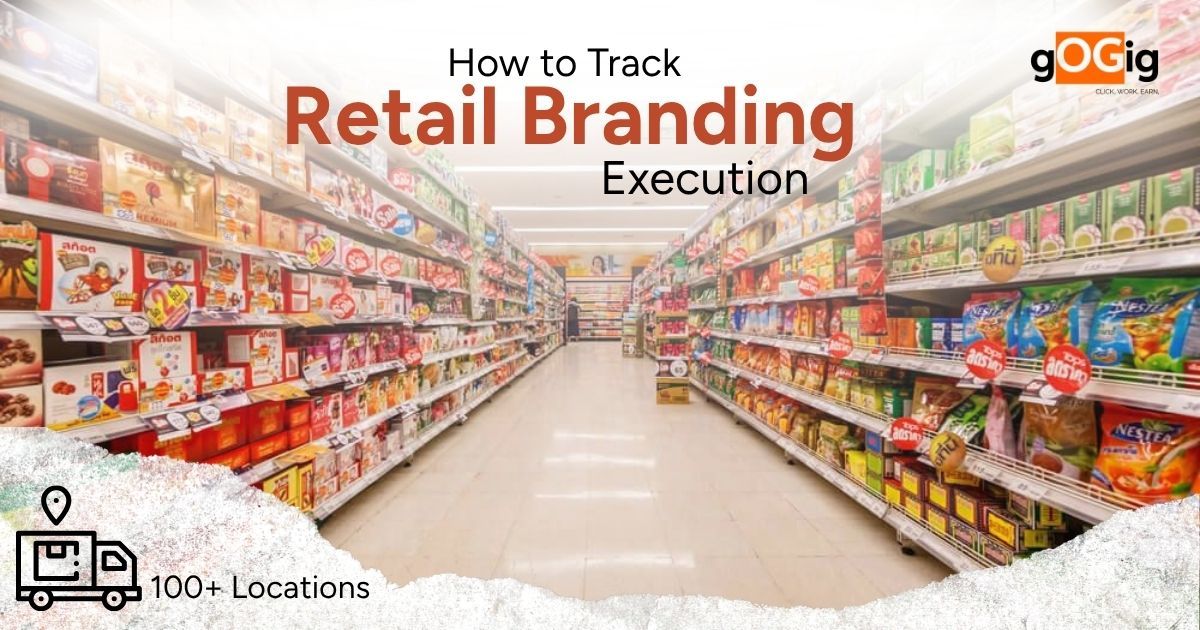 Retail store aisle with branded products and real-time tracking concept for managing retail branding execution across multiple locations