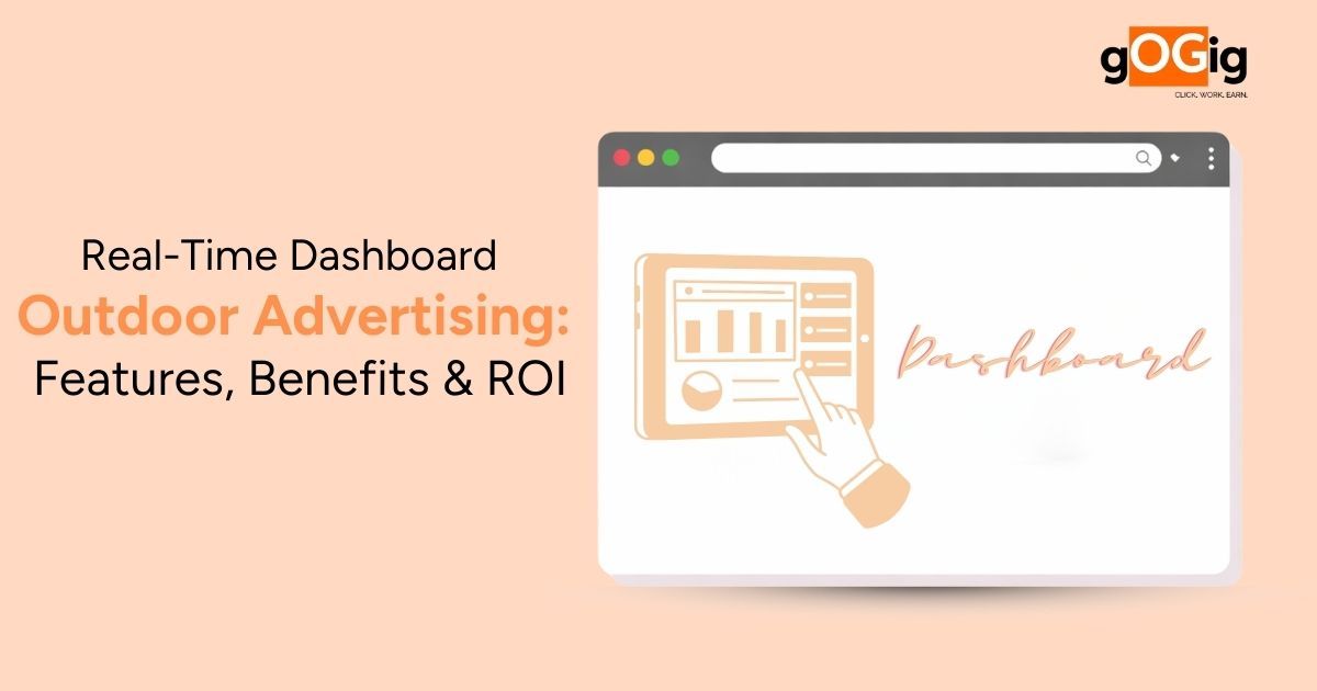 Illustration of a real-time dashboard for outdoor advertising showing campaign tracking, features, benefits and ROI