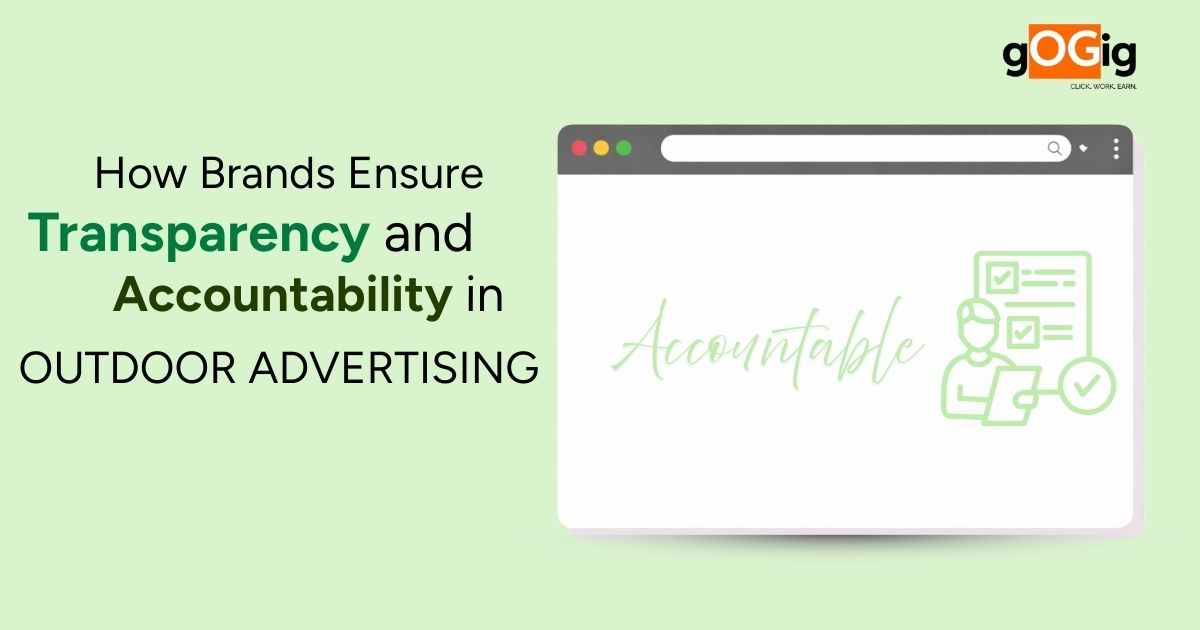 Transparency and accountability in outdoor advertising illustration with dashboard and verification tools showing campaign tracking and monitoring system