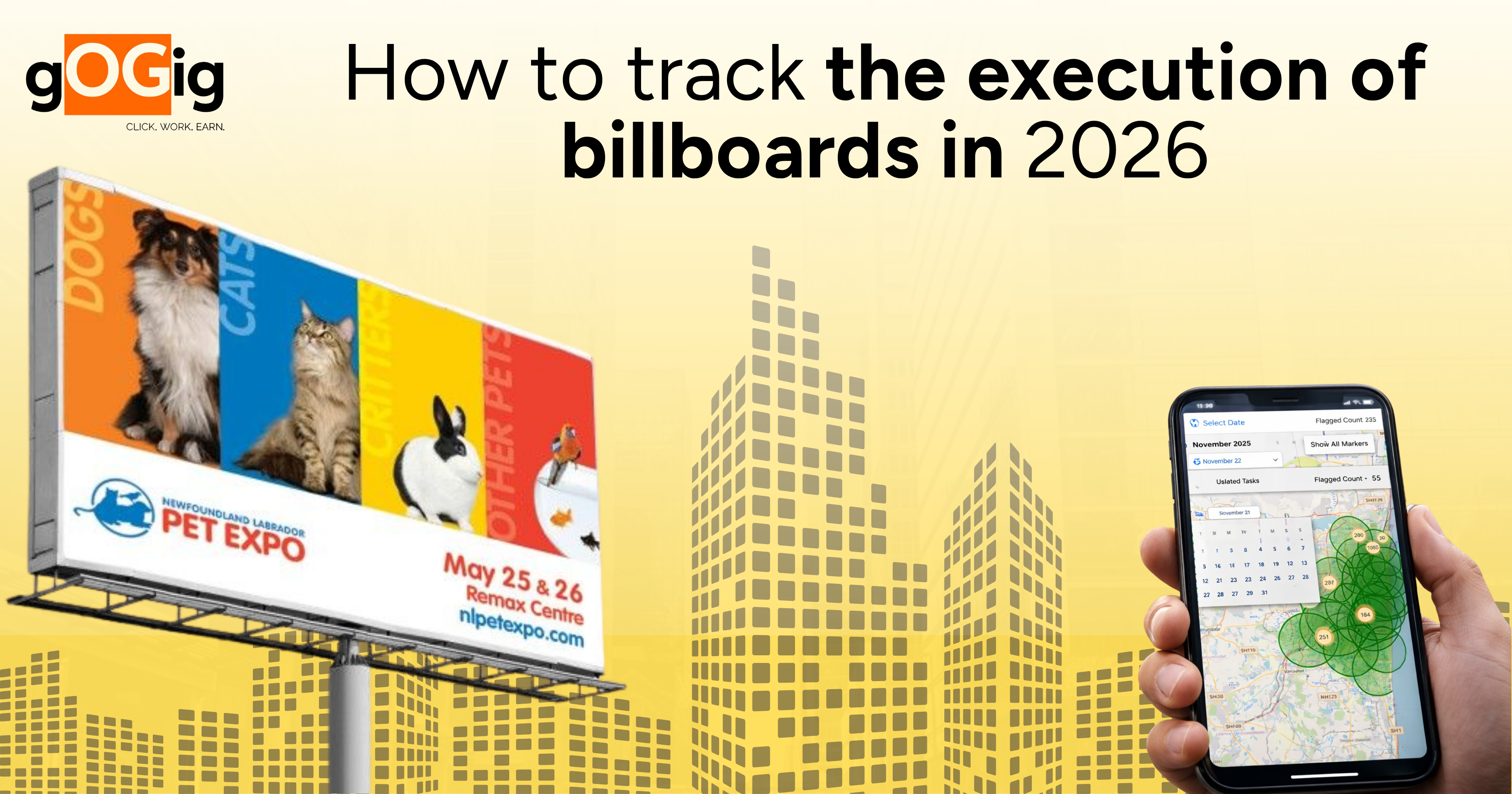 Billboard advertising tracking using mobile dashboard with geo-tagged locations showing real-time monitoring of outdoor campaign execution