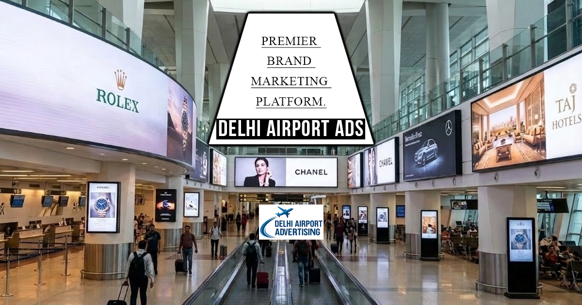 An infographic titled "PREMIER BRAND MARKETING PLATFORM: DELHI AIRPORT ADS" showcasing a bustling terminal interior lined with large-scale digital advertisements for luxury brands like Rolex, Chanel, Mercedes-Benz, and Taj Hotels.