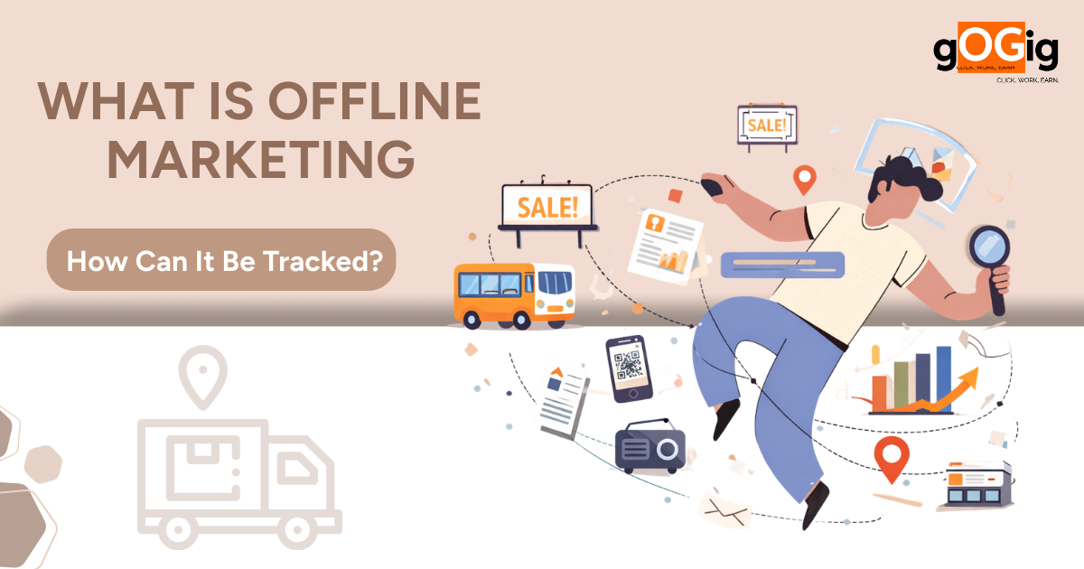 Illustration explaining offline marketing with examples like billboards, transit ads, QR codes, and analytics tools for tracking offline campaigns