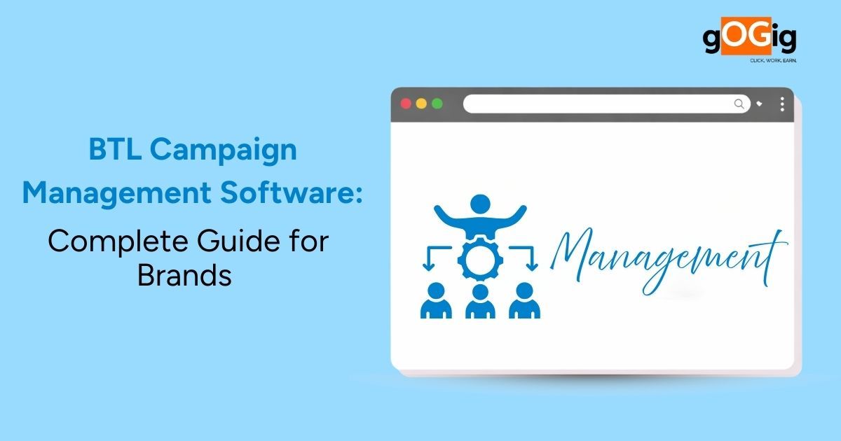 BTL campaign management software illustration with dashboard and team coordination icons showing tools for managing offline marketing campaigns