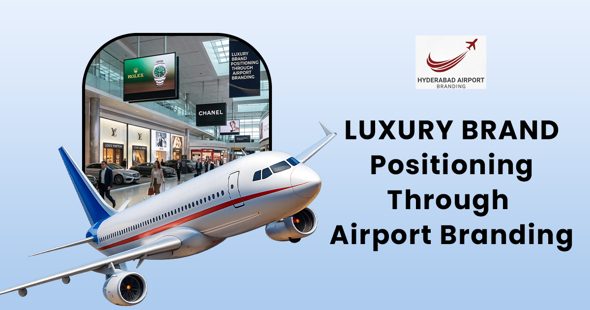 An infographic titled "LUXURY BRAND Positioning Through Airport Branding" featuring a large 3D airplane in the foreground and a terminal view in the background showing high-end store facades and digital ads for brands like Rolex, Louis Vuitton, and Chanel.