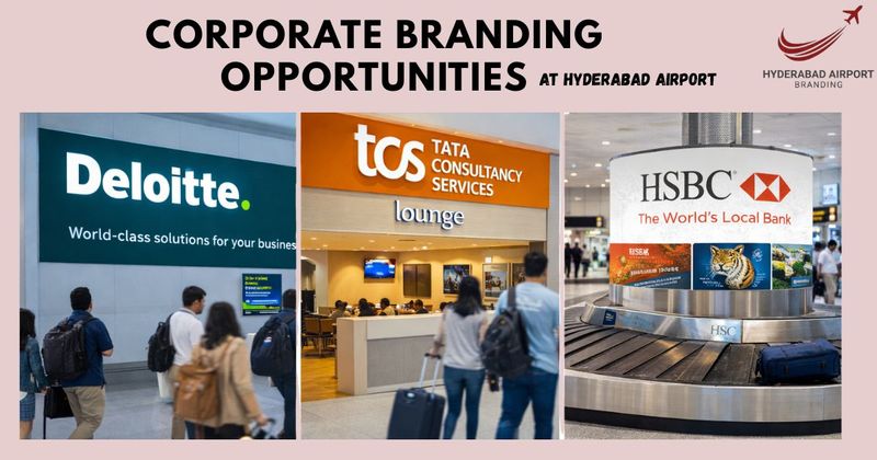 Premium corporate branding at Hyderabad Airport featuring Deloitte wall displays, a branded TCS lounge, and HSBC digital carousel wraps. These placements target high-value business travelers and global professionals effectively.