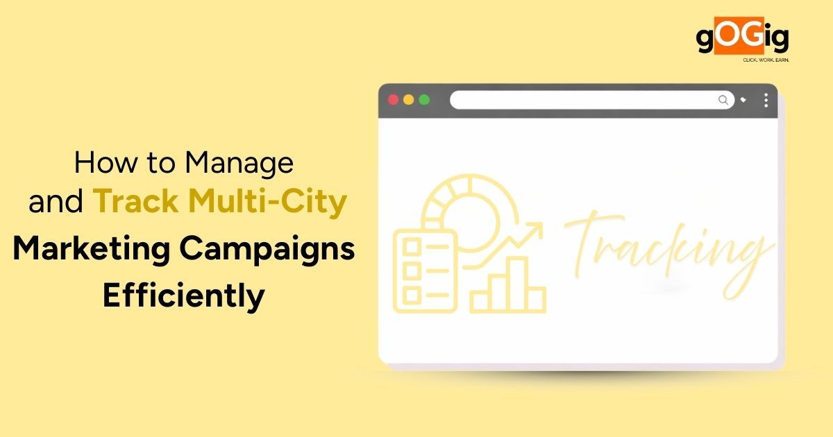Illustration of multi-city marketing campaign tracking with dashboard, analytics, and growth indicators for efficient campaign management