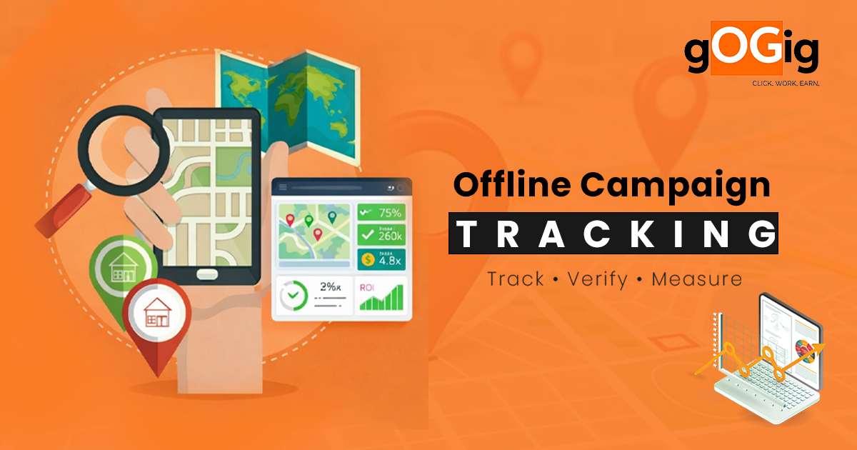 Illustration of offline campaign tracking showing a hand holding a tablet with map and analytics dashboard, with the text Track, Verify, Measure