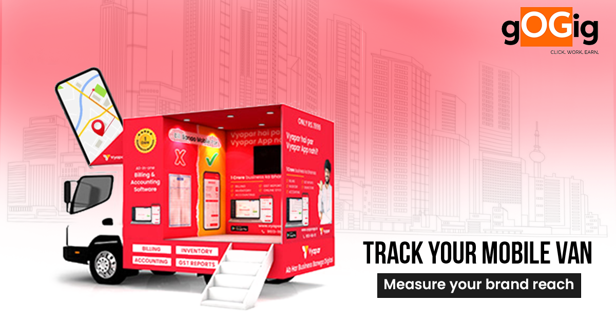 Graphic of a branded mobile advertising van with GPS location tracking on a smartphone screen and message about tracking mobile van campaigns and measuring brand reach.