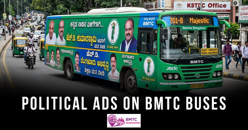 The image features a BMTC bus in Bengaluru adorned with political advertisements for the JD(S) party. It serves as an example of transit branding for reaching large urban populations.