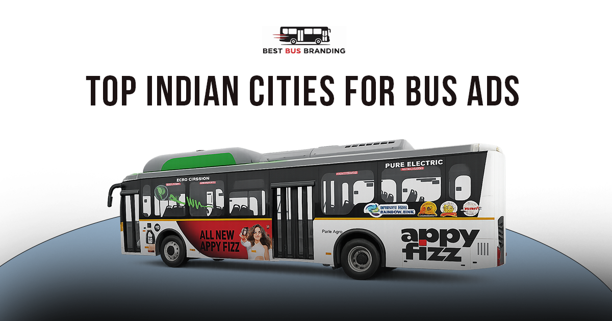 Top Indian cities for bus advertising banner featuring a modern electric bus with branded Appy Fizz advertisement and clean white background