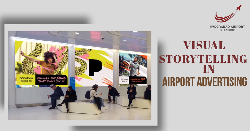 The image Visual Storytelling in Airport Advertising.jpg showcases Hyderabad Airport Branding through vibrant digital displays for Pandora. These advertisements use dynamic imagery to capture the attention of passengers waiting in high-traffic terminal seating areas.