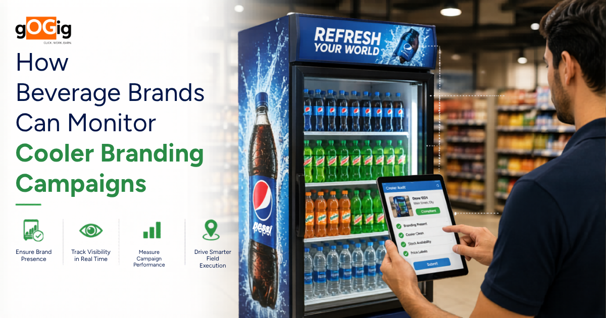 This infographic by goGig, titled "How Beverage Brands Can Monitor Cooler Branding Campaigns," depicts a field representative in a grocery store using a tablet to conduct a digital "Cooler Audit" on a Pepsi-branded refrigerator. The tablet interface shows a checklist for verifying brand presence, cooler cleanliness, stock availability, and price labels, illustrating how technology streamlines retail execution. On the left, four distinct icons emphasize the program's core benefits: ensuring brand presence, tracking visibility in real time, measuring campaign performance, and driving smarter field execution. The overall scene highlights the transition from manual checks to data-driven, real-time monitoring within the retail environment.