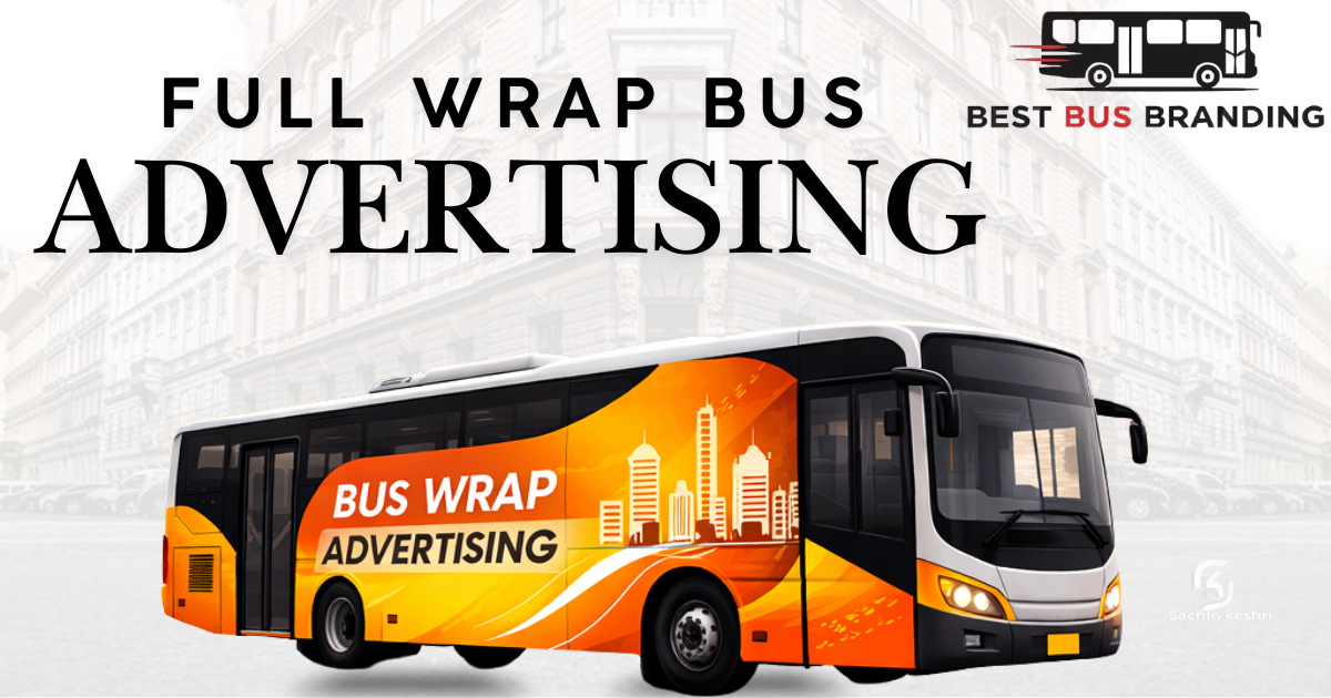 Full bus wrap advertising in Mumbai showing branded bus with large format transit media for citywide outdoor advertising visibility