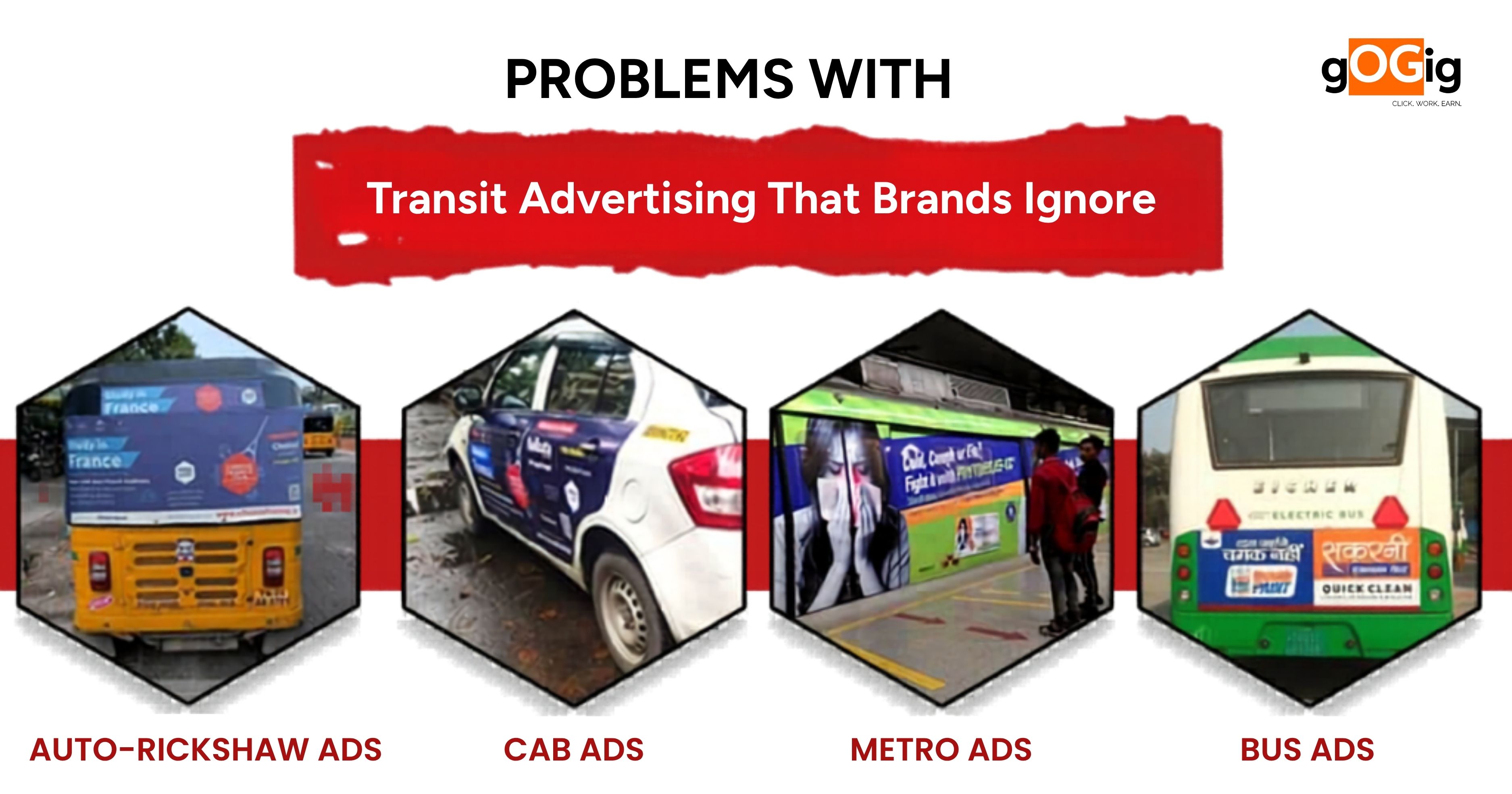 Transit advertising examples including auto rickshaw, cab, metro, and bus ads highlighting common challenges in outdoor campaign execution