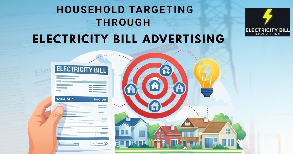 Electricity bill advertising banner showing household targeting concept with a bill, homes, and a target icon representing direct marketing to households.