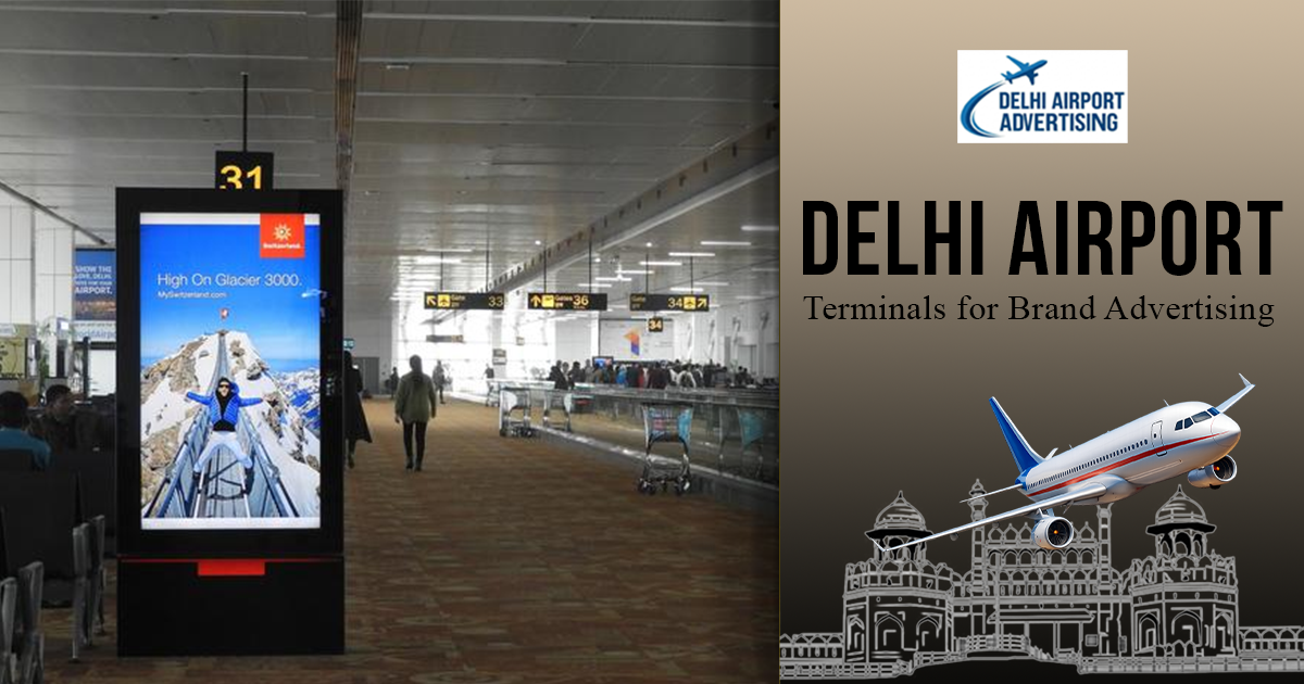 Digital advertising display inside Delhi Airport terminal showcasing LED screen branding targeting passengers in high-traffic zones