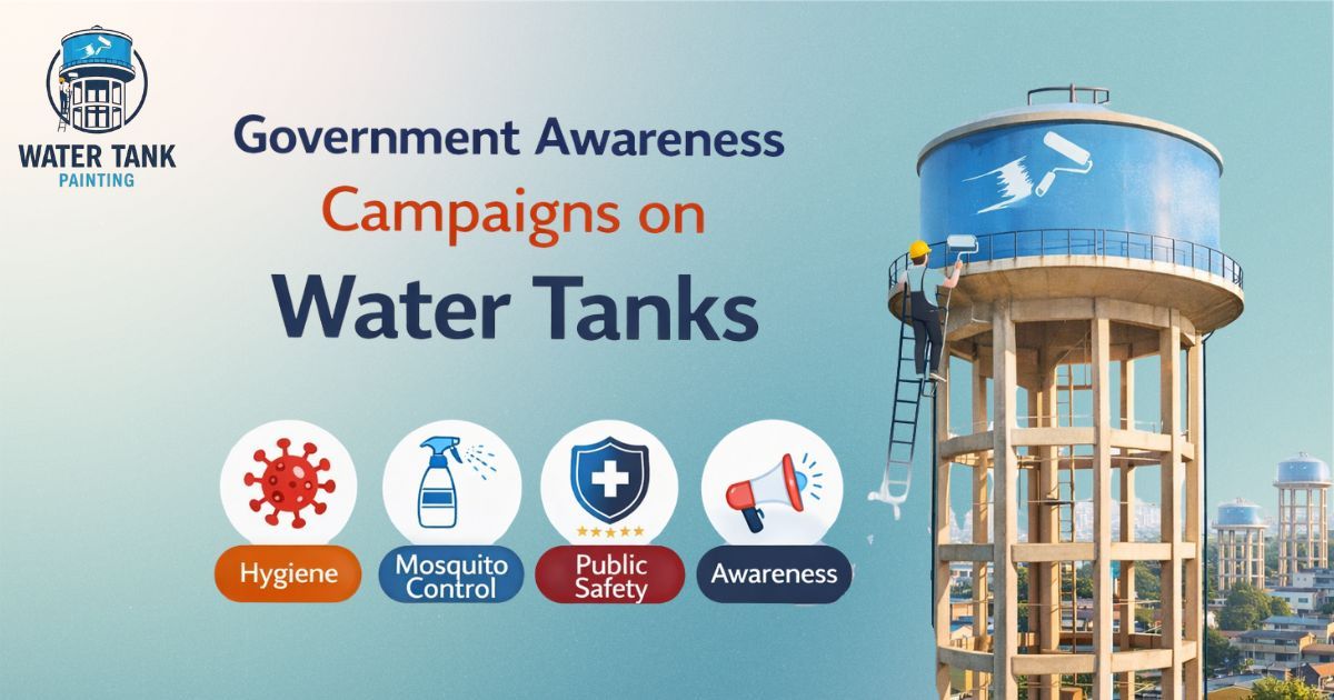Government awareness campaign on water tanks featuring large painted visuals promoting hygiene, mosquito control and public safety with high-visibility outdoor messaging.