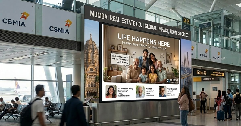 A massive digital billboard at CSMIA featuring "Mumbai Real Estate Co." with the slogan "Life Happens Here". The ad displays a happy multi-generational family and resident testimonials, strategically positioned near Gate 42.