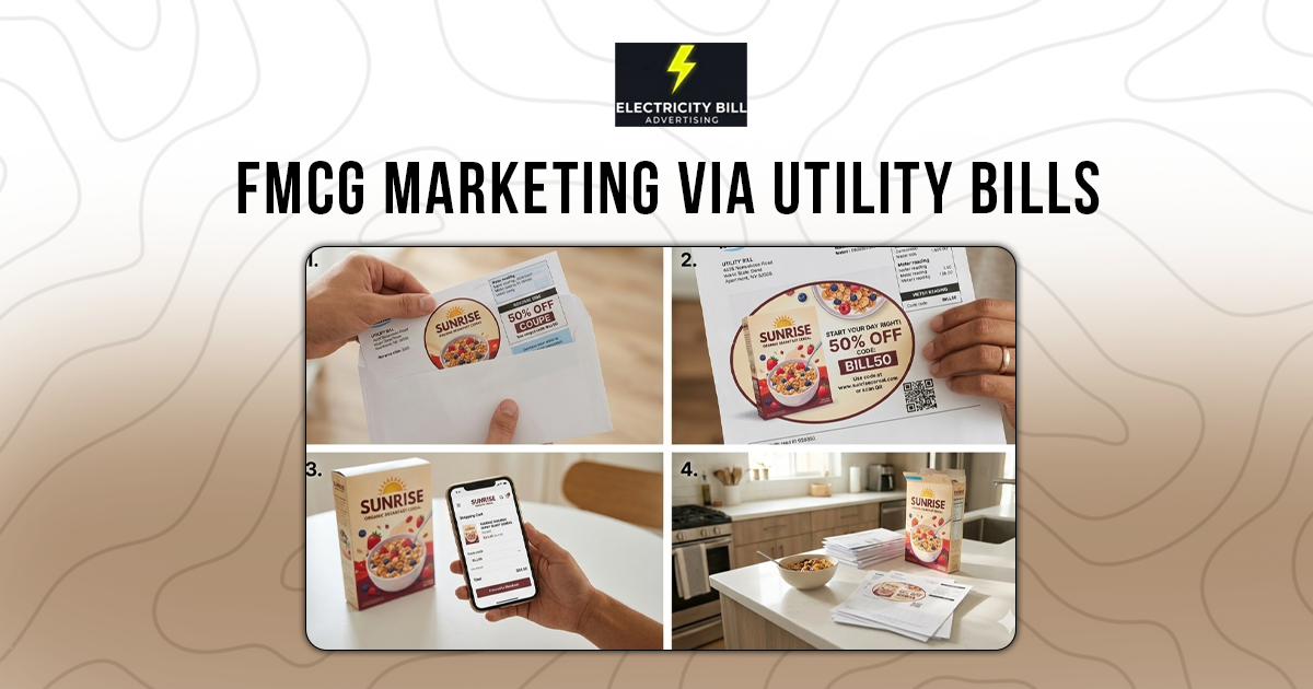 An infographic titled "FMCG MARKETING VIA UTILITY BILLS" that uses a four-step visual guide to show a consumer receiving a cereal discount coupon inside an electricity bill and subsequently using a smartphone to redeem the offer at home.
