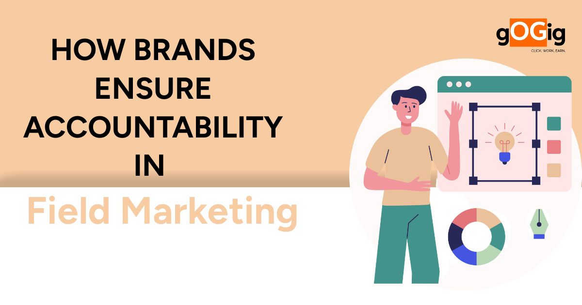 Illustration of field marketing accountability with dashboard, charts, and marketer reviewing campaign performance and tracking execution