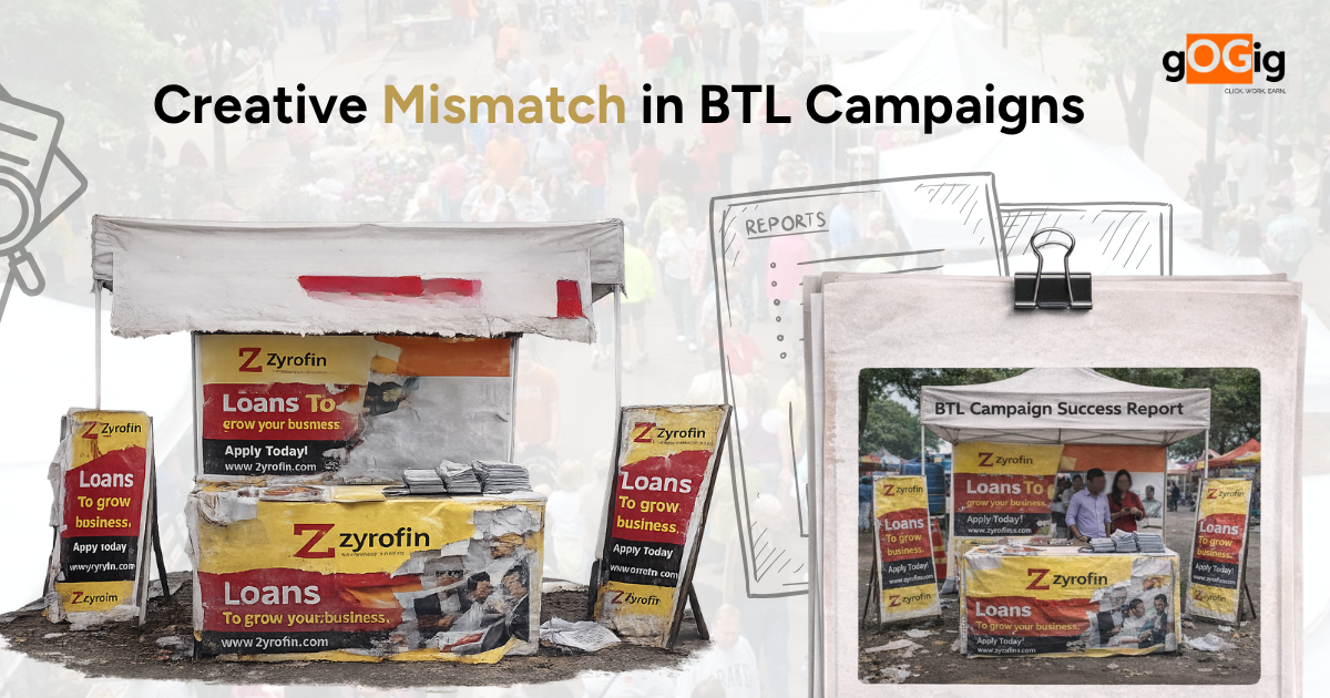 BTL campaign setup showing mismatch between planned creative and poor on-ground execution compared to ideal campaign report visualization