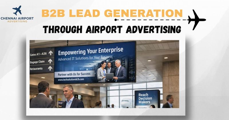 This promotional graphic titled B2B Marketing Through Airport Advertising.jpg highlights the effectiveness of reaching professional decision-makers in transit hubs. It features a digital billboard in a terminal showcasing advanced IT solutions to generate high-quality B2B leads.
