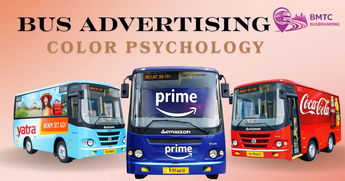 Bus advertising color psychology banner featuring three branded buses in blue, red, and light blue showcasing Amazon Prime, Coca-Cola, and Yatra ads.