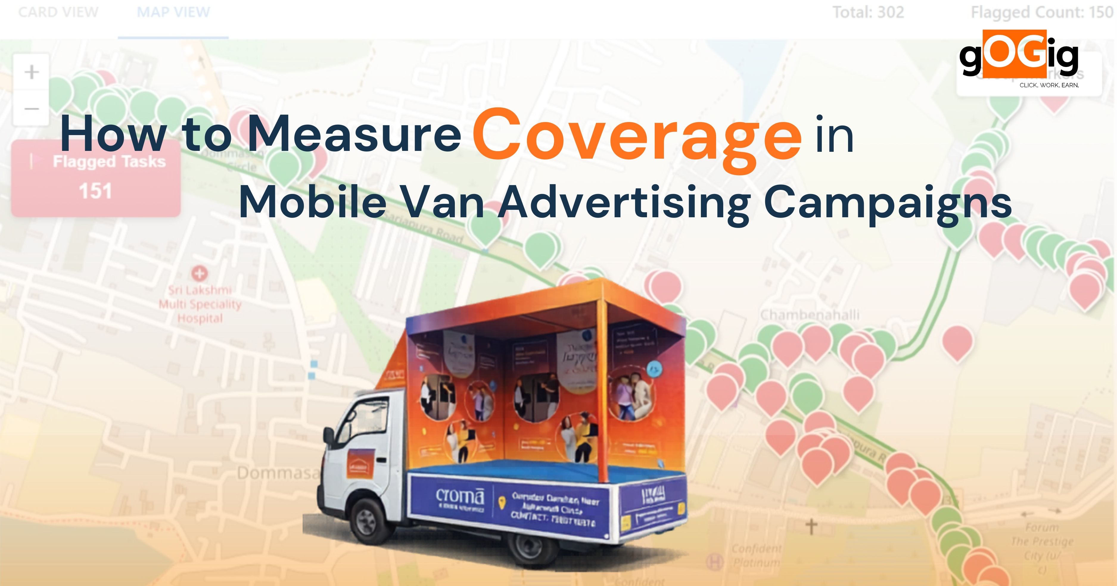 Mobile van advertising campaign with route map tracking showing coverage, location pins, and real-time monitoring for outdoor marketing performance