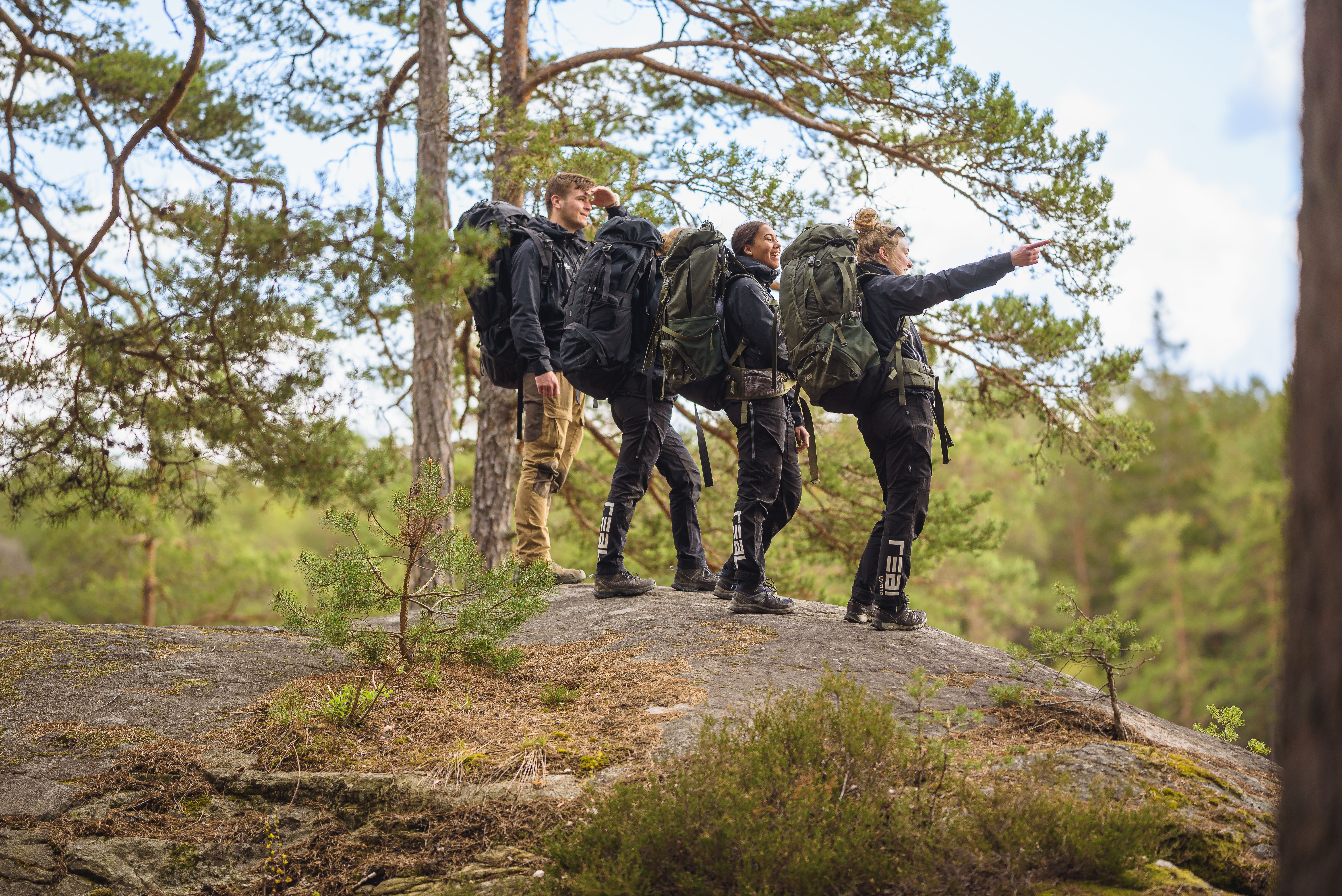Gymnasieelever på vandring i skog