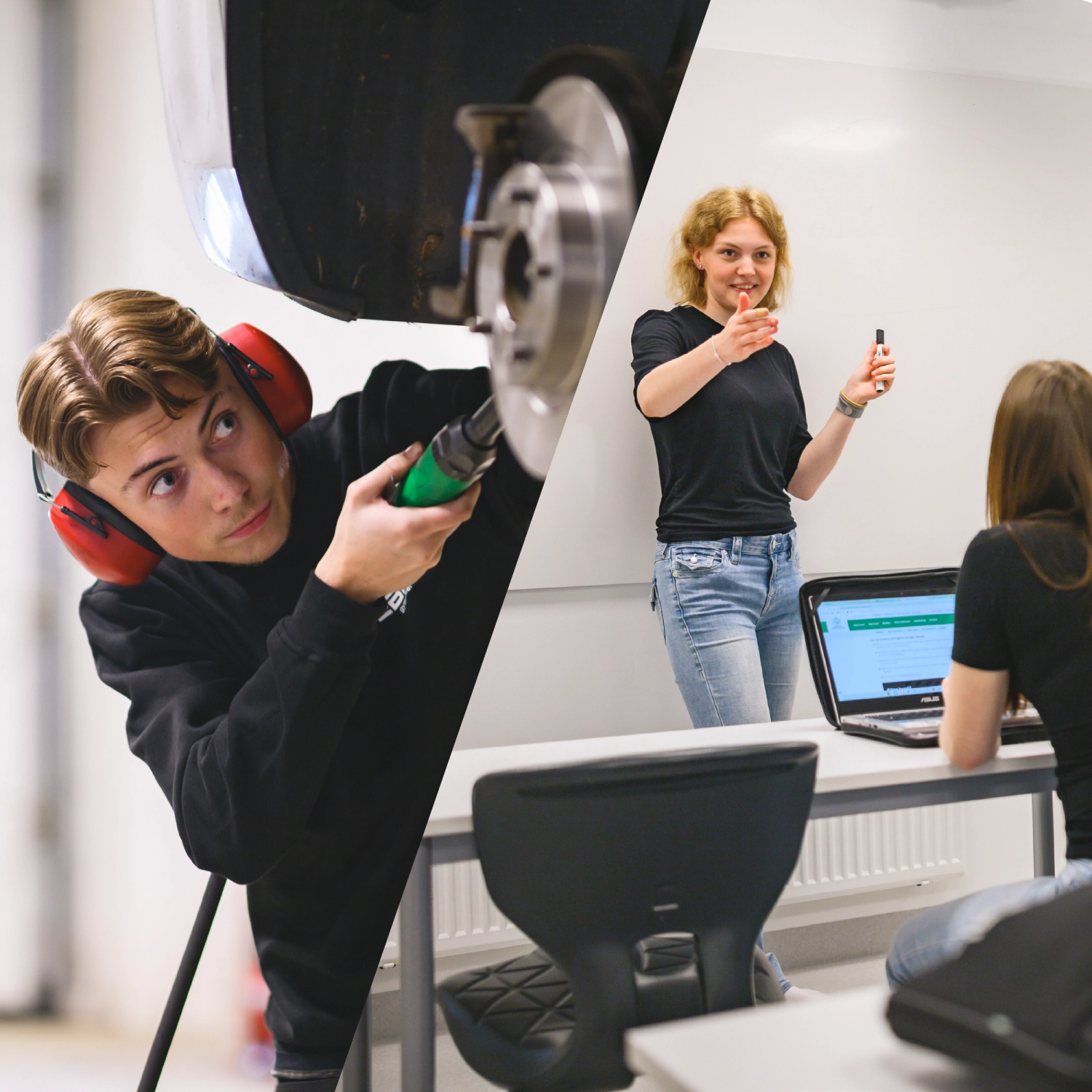 Elev mekar med bil i verkstad