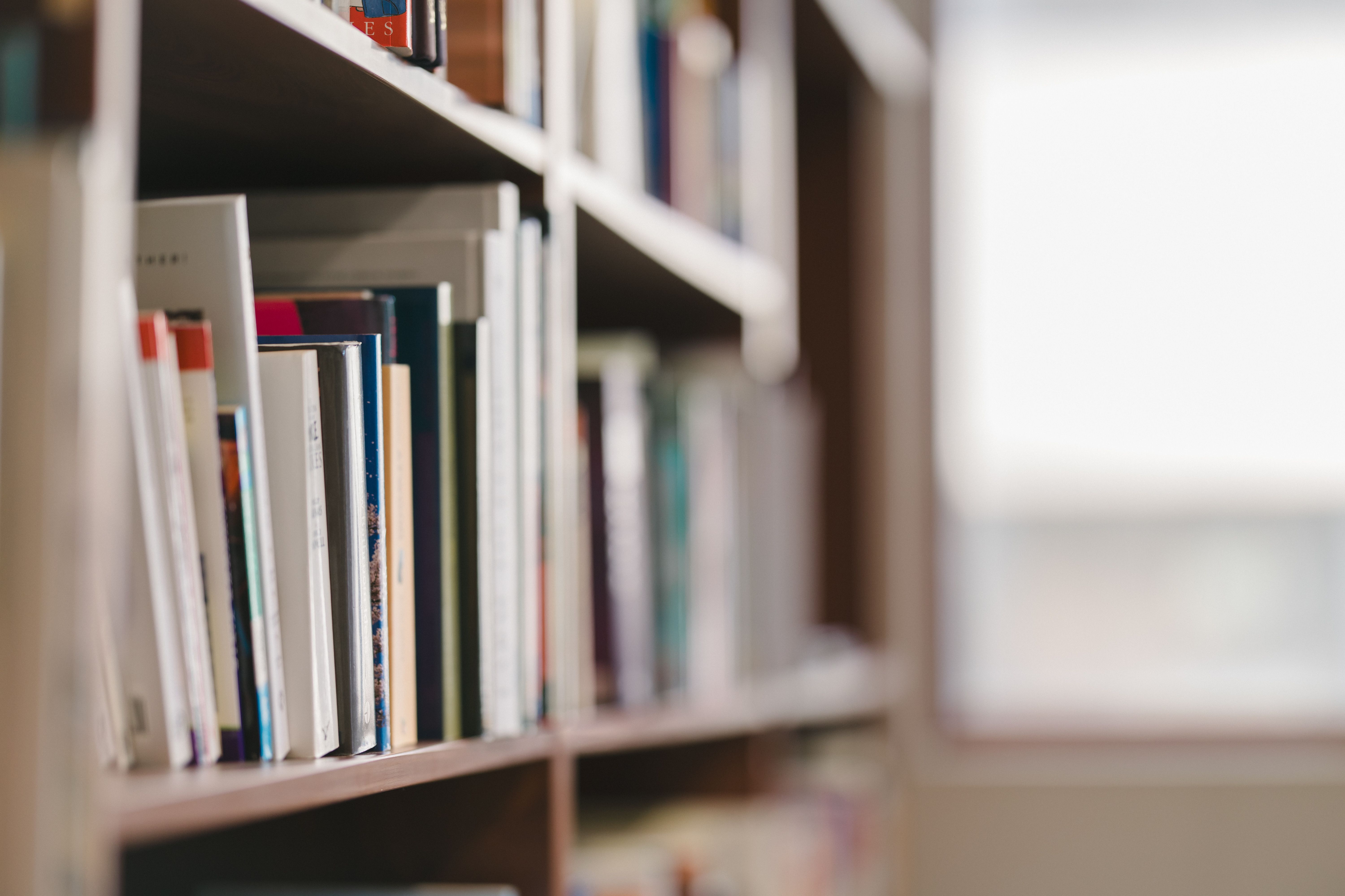 närbild böcker i ett skolbibliotek