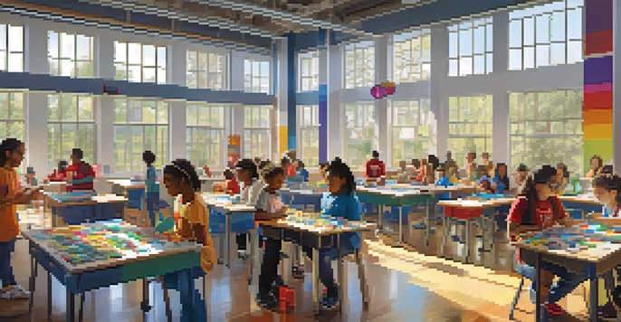 A diverse group of students engaging in a STEM workshop in a bright classroom with robotics kits and educational materials.