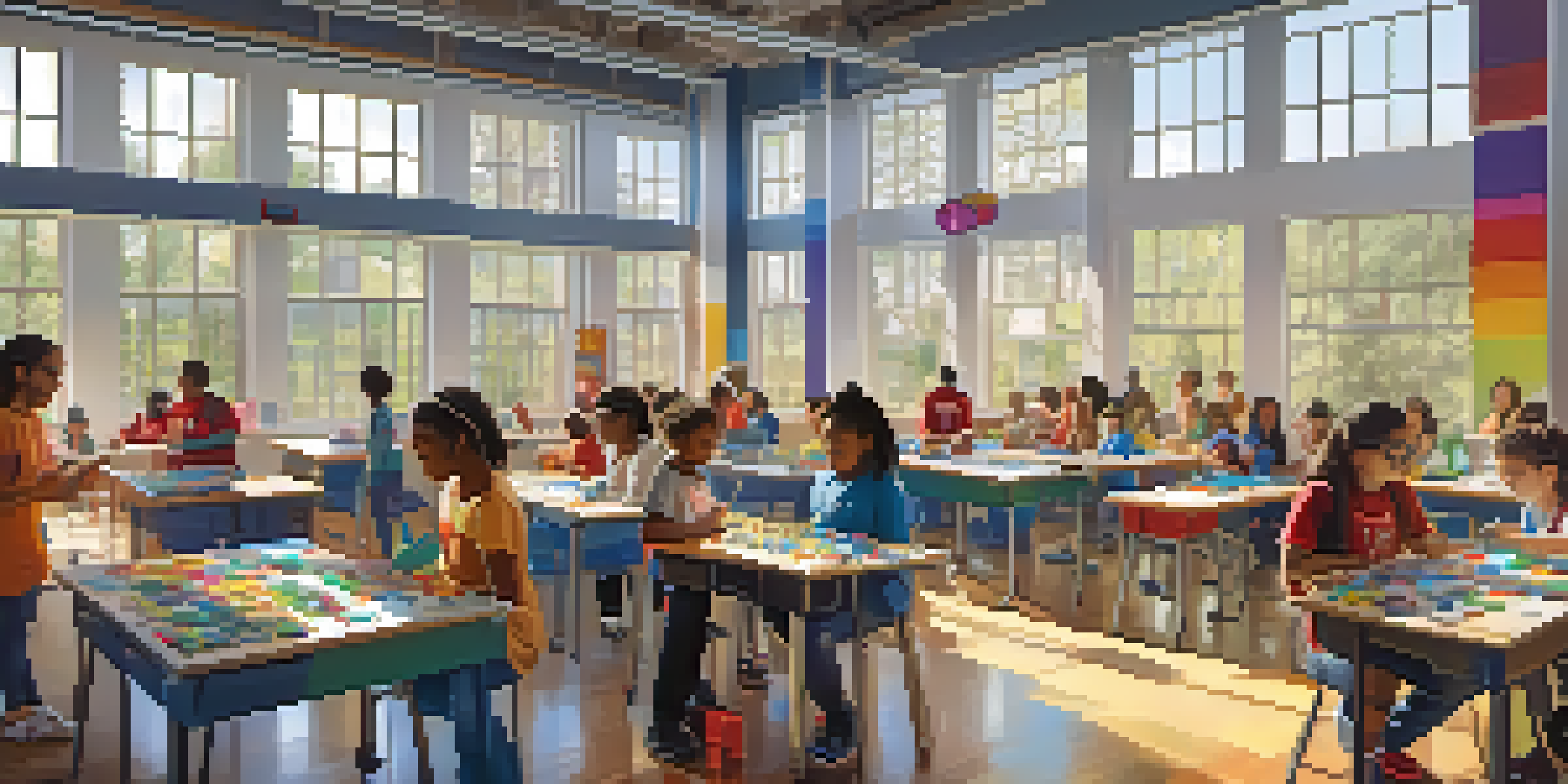 A diverse group of students engaging in a STEM workshop in a bright classroom with robotics kits and educational materials.