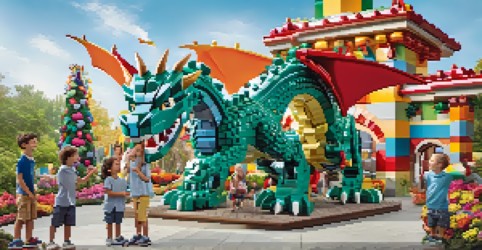 Children posing next to a large colorful LEGO dragon sculpture at Legoland's entrance, surrounded by bright flowers and festive decorations.