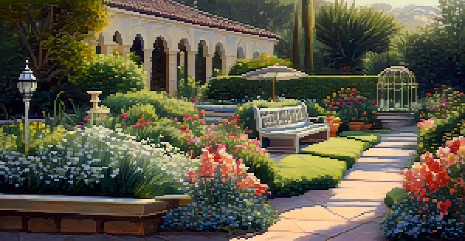 A historic garden in Carlsbad featuring beautifully arranged flower beds, vintage benches, and decorative plaques in soft afternoon light.