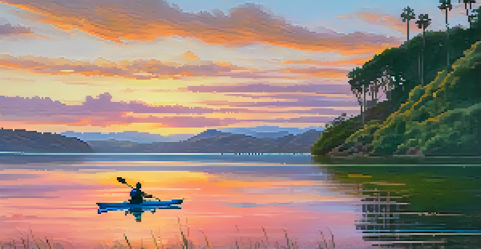 A lone kayaker paddling on calm waters at Carlsbad Lagoon during a colorful sunset, with reflections on the water and cliffs in the background.
