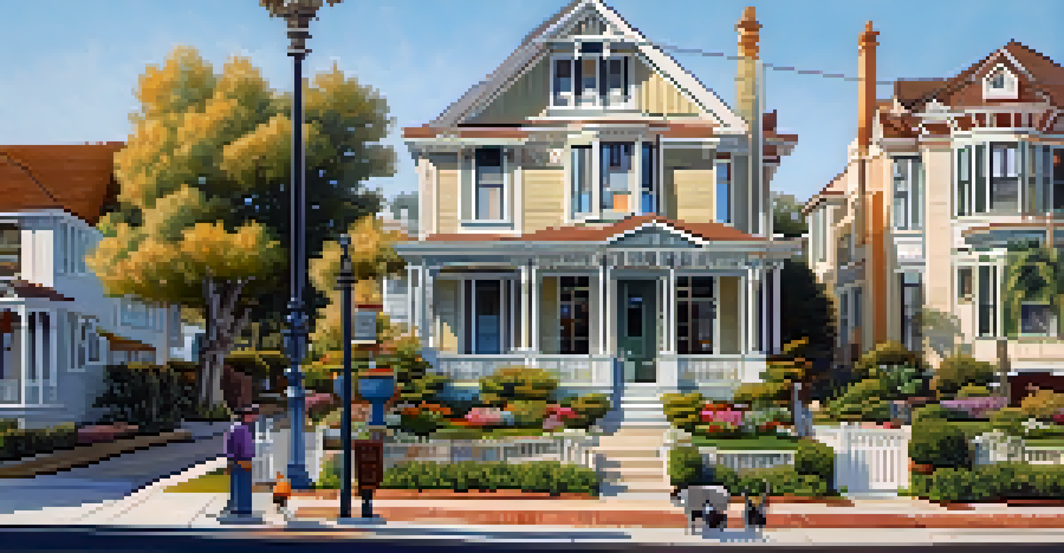 A street lined with Victorian homes in Carlsbad, showcasing unique architectural features and people walking.