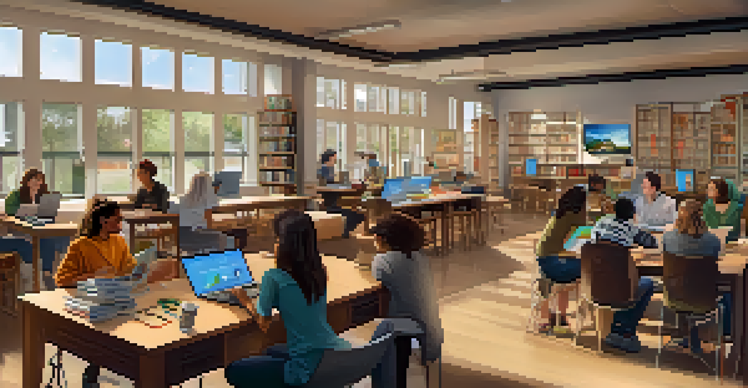 A library technology workshop with diverse participants learning digital skills at tables, with a facilitator demonstrating in the front.