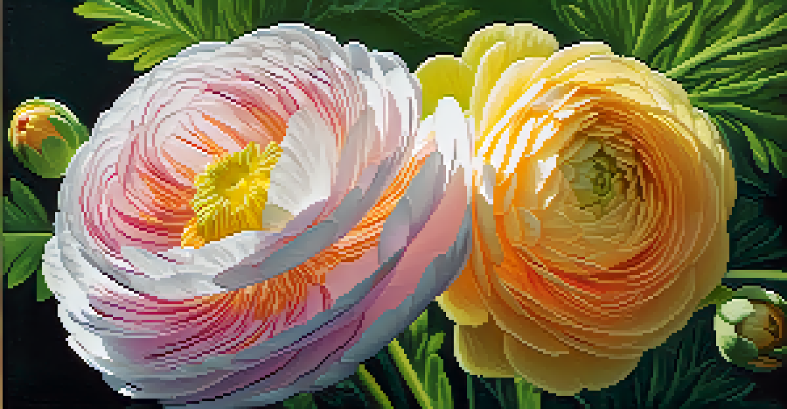 A close-up view of a vibrant ranunculus flower with detailed petals and lush green leaves in a blurred background.