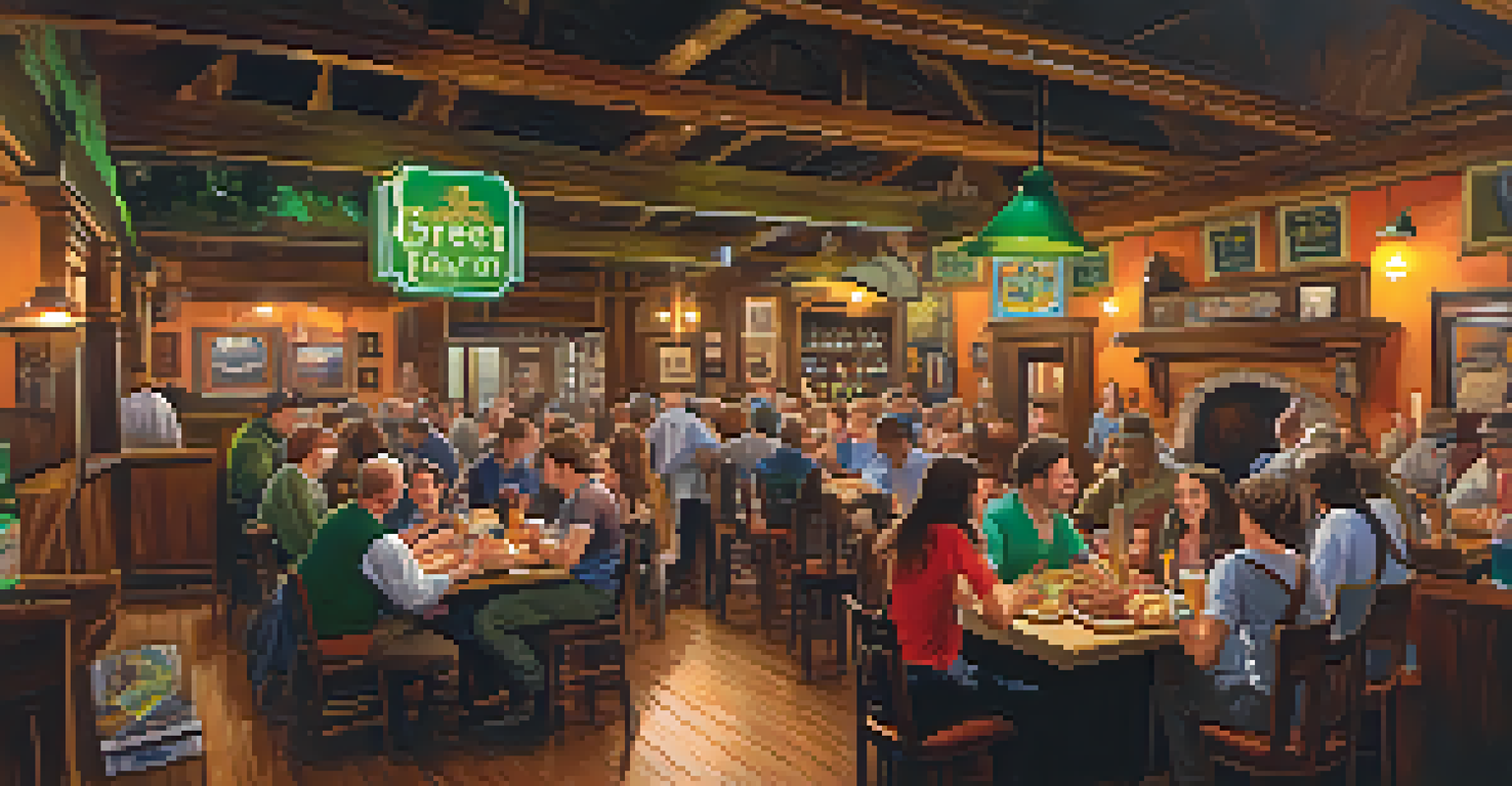 A lively pub scene with diners enjoying burgers and pizzas, surrounded by colorful local art and a live band.