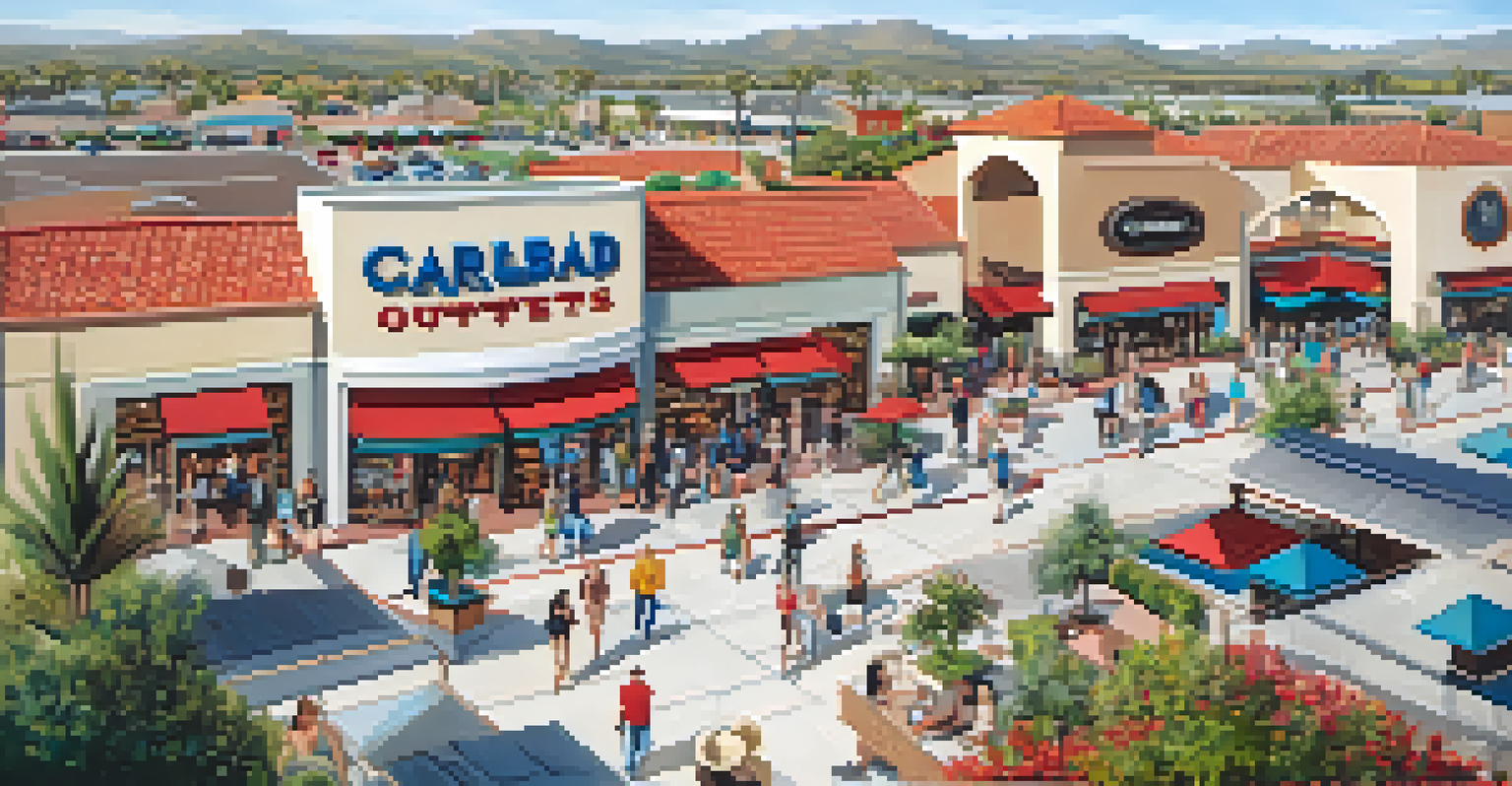 Aerial view of Carlsbad Premium Outlets filled with shoppers and colorful storefronts.