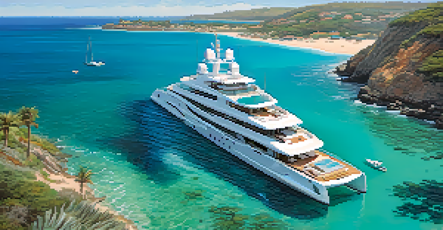 Aerial view of a luxury yacht with guests paddleboarding and snorkeling in clear waters, showcasing the beauty of Carlsbad's coastline.